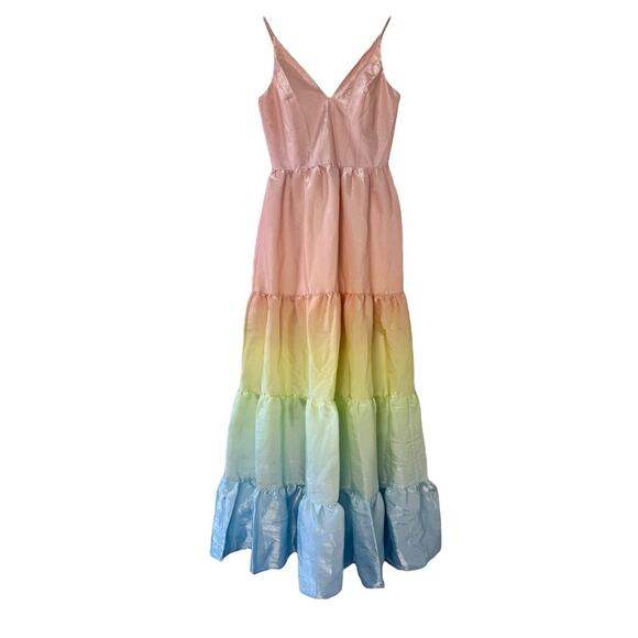 YUMI KIM Sullivan Tiered Maxi Dress Rainbow Ombré Dreamy Shiny Satin Sz M NEW - Picture 2 of 11